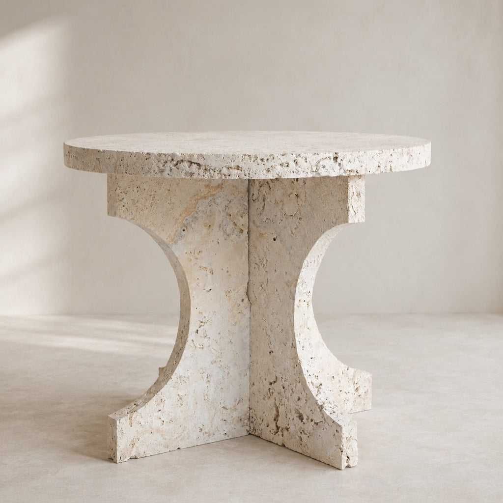 Natural stone table with round top and interlocking base
