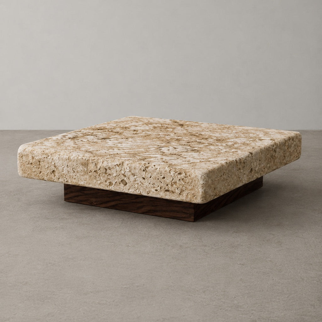 Low rectangular natural stone table with wooden base 