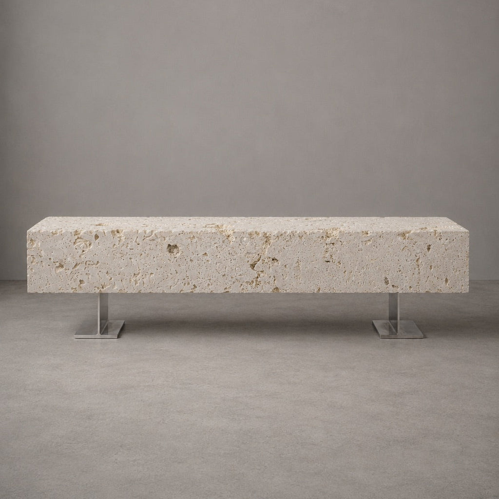 Natural stone bench with metal legs against minimalist background